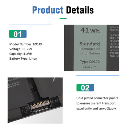 G91J0 battery label detail and gold-plated connector closeup - model specifications voltage capacity information