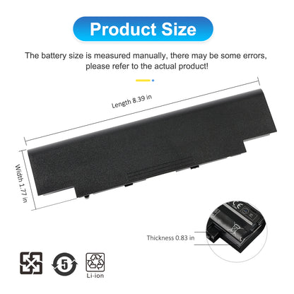 J1KND battery dimensions diagram: 8.39 in long, 1.77 in wide and 0.83 in thick, measured on the black casing