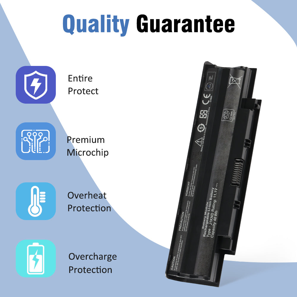 J1KND 48Wh battery with protection icons for overcharge, overheat, premium microchip and entire circuit protect