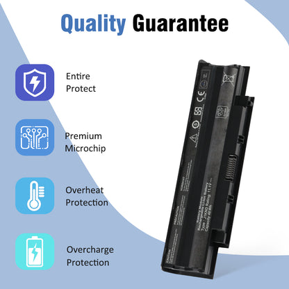 J1KND 48Wh battery with protection icons for overcharge, overheat, premium microchip and entire circuit protect