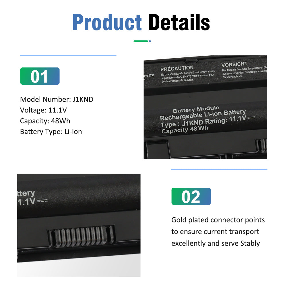 Close-up details of J1KND battery: model label with 11.1V 48Wh rating and gold plated connector points