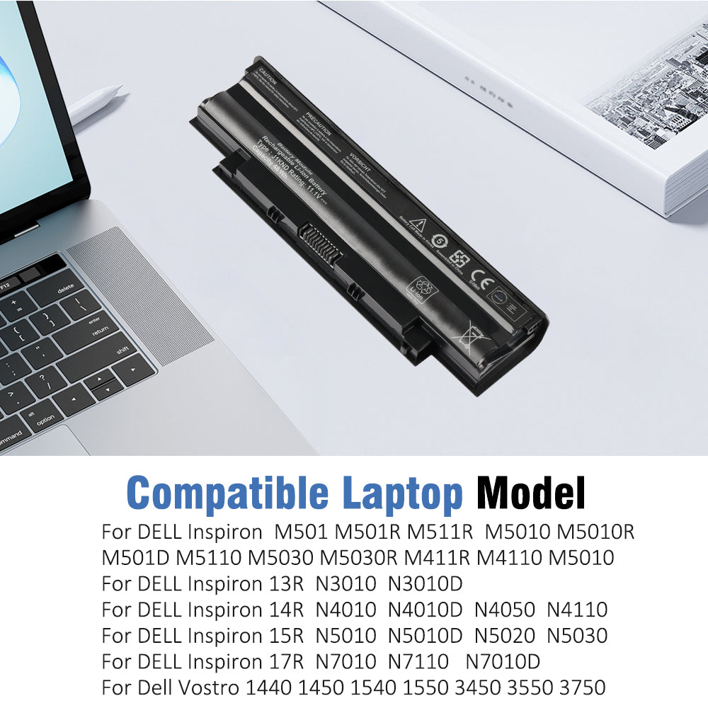 J1KND replacement battery next to a laptop, listing compatible Dell Inspiron 13R 14R 15R 17R and Vostro models