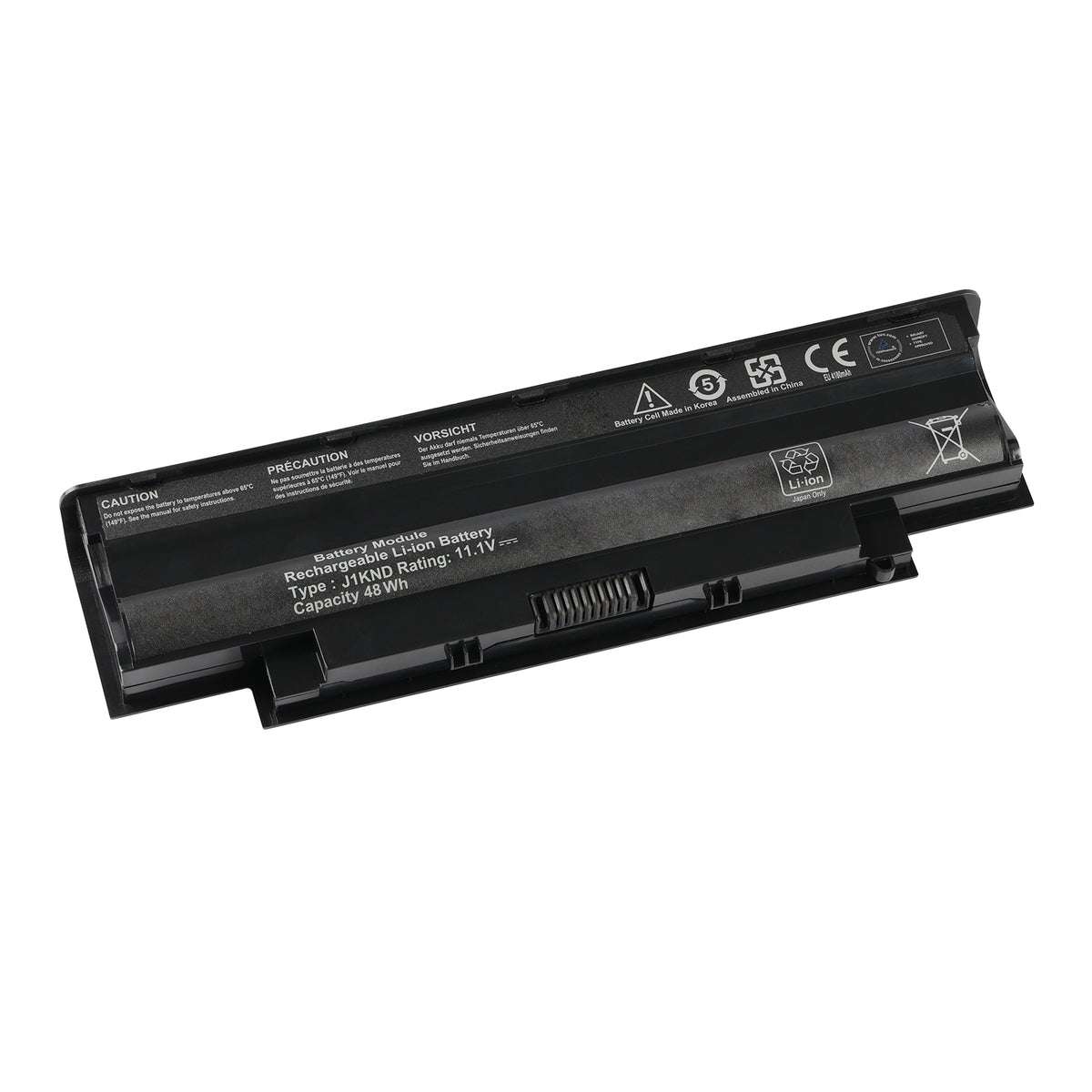 J1KND replacement laptop battery label showing 11.1V 48Wh rating, serial code and Made in Korea cell marking