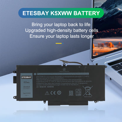 ETESBAY K5XWW battery banner beside a Dell Latitude 2-in-1 laptop, upgraded high-density battery cells