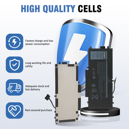 High quality cells features beside front and back views of the K5XWW 60Wh Li-ion replacement battery