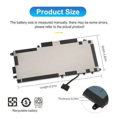 K5XWW 60Wh battery dimensions diagram: 9.37 in long, 3.82 in wide, 0.24 in thick, with the cable connector shown