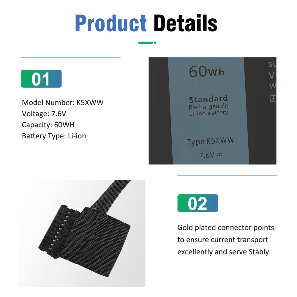Close-up details of K5XWW: 60Wh 7.6V label and gold plated connector points on the replacement battery