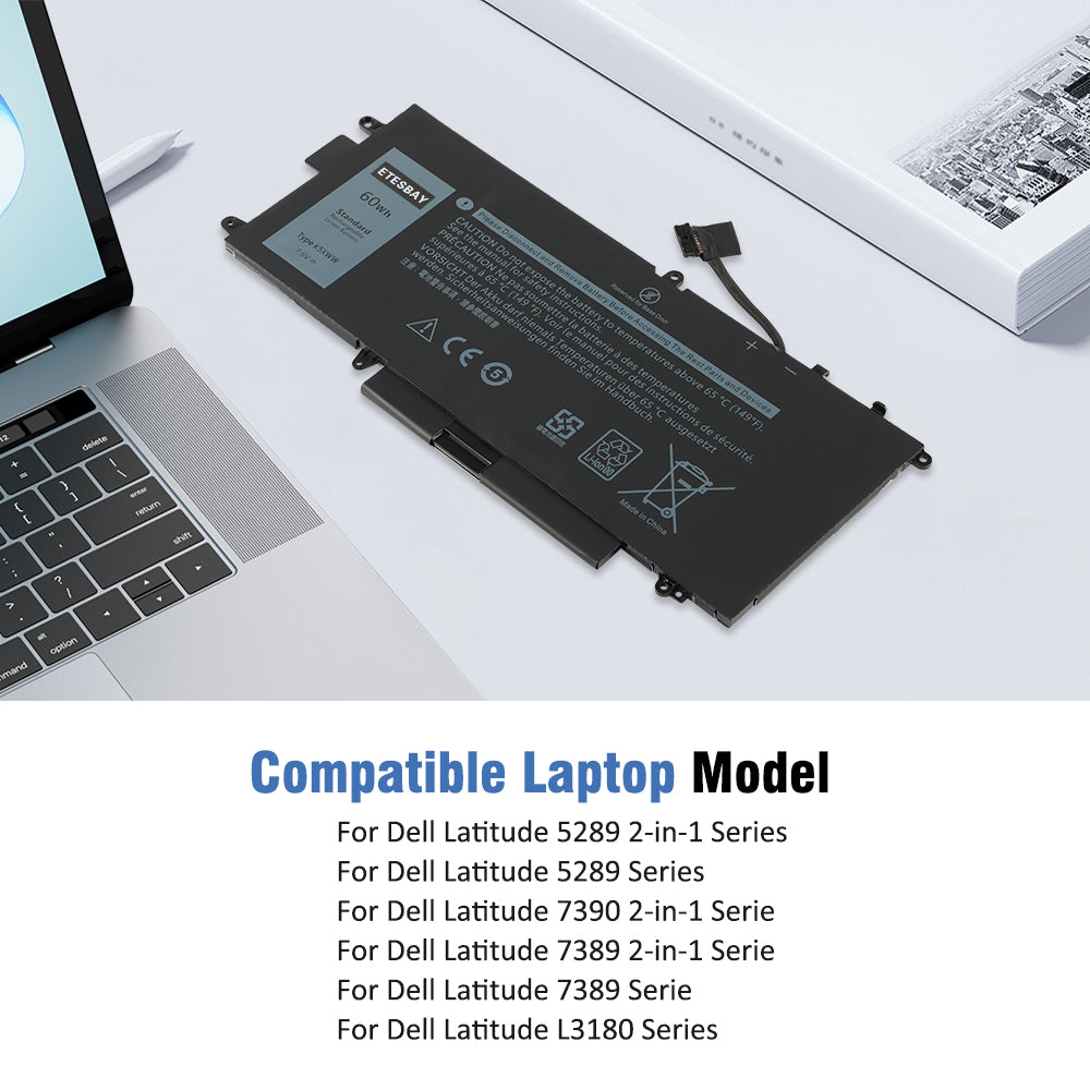 K5XWW 60Wh battery on a desk next to a Dell Latitude 2-in-1 laptop, with the compatible model list below
