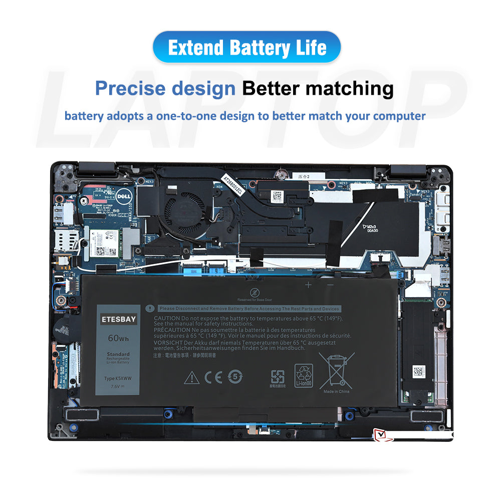 K5XWW 60Wh battery installed inside a Dell Latitude 2-in-1 laptop, showing the precise one-to-one fit