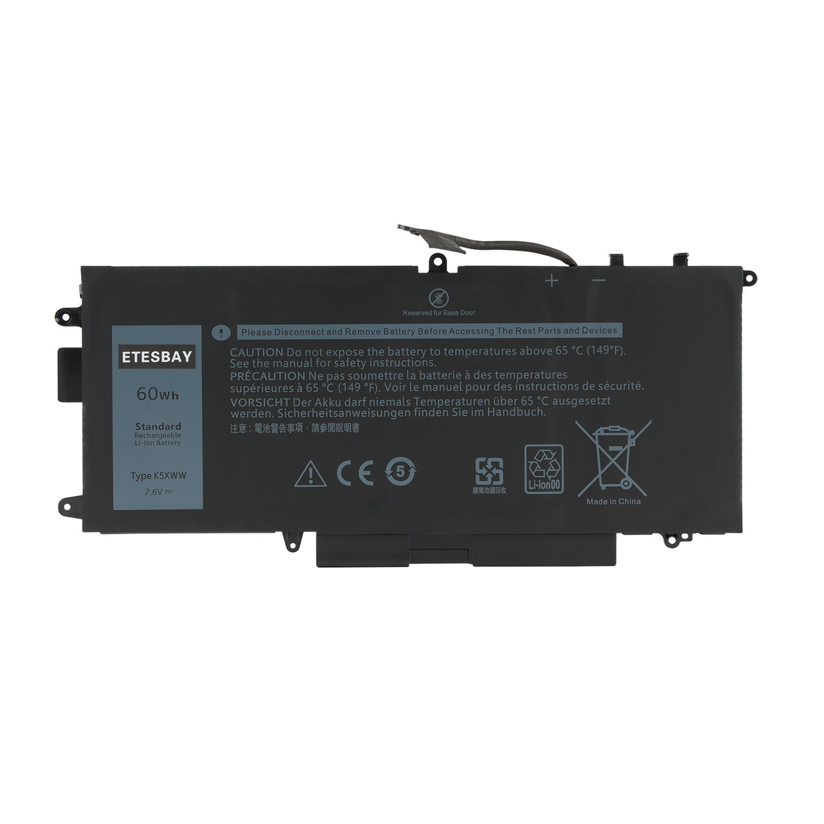 ETESBAY K5XWW replacement battery label showing Type K5XWW, 60Wh 7.6V rating, CE marks and safety icons