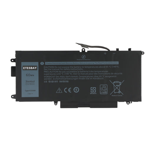 ETESBAY K5XWW replacement battery label showing Type K5XWW, 60Wh 7.6V rating, CE marks and safety icons
