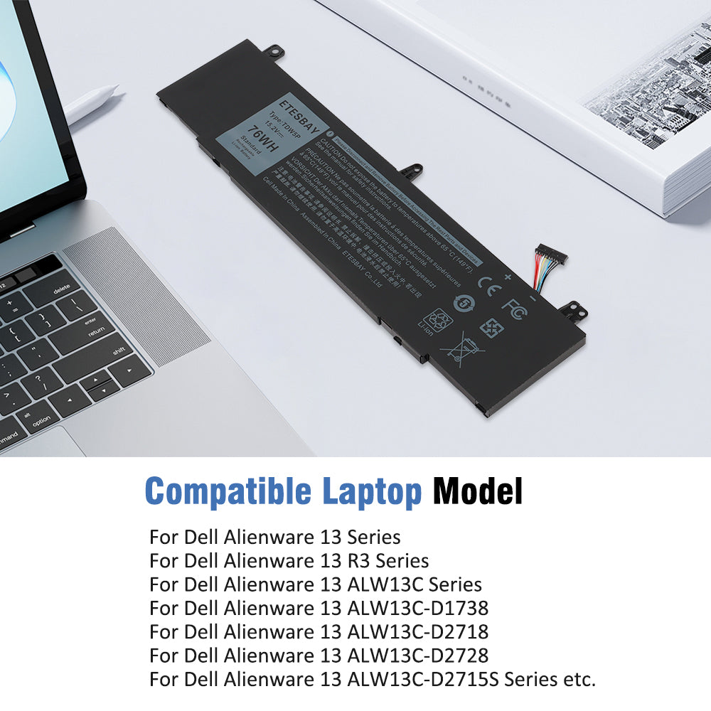 ETESBAY TDW5P 76Wh battery placed on a desk next to a Dell Alienware laptop, with compatible laptop models including Alienware 13, 13 R3, and ALW13C series listed below.