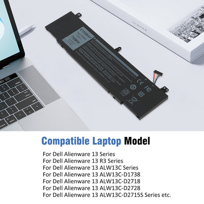 ETESBAY TDW5P 76Wh battery placed on a desk next to a Dell Alienware laptop, with compatible laptop models including Alienware 13, 13 R3, and ALW13C series listed below.