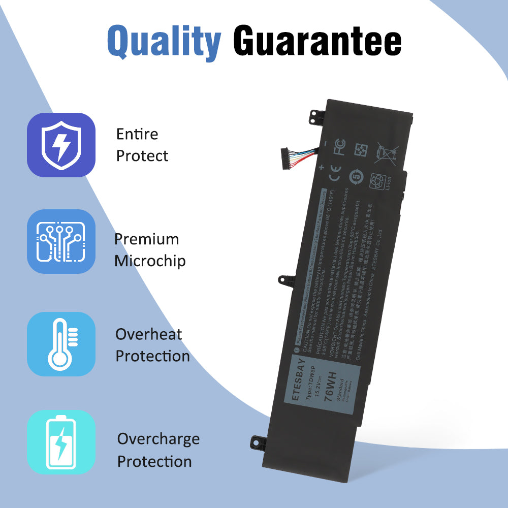ETESBAY TDW5P battery quality guarantee graphic highlighting entire protection, premium microchip, overheat protection, and overcharge protection features.