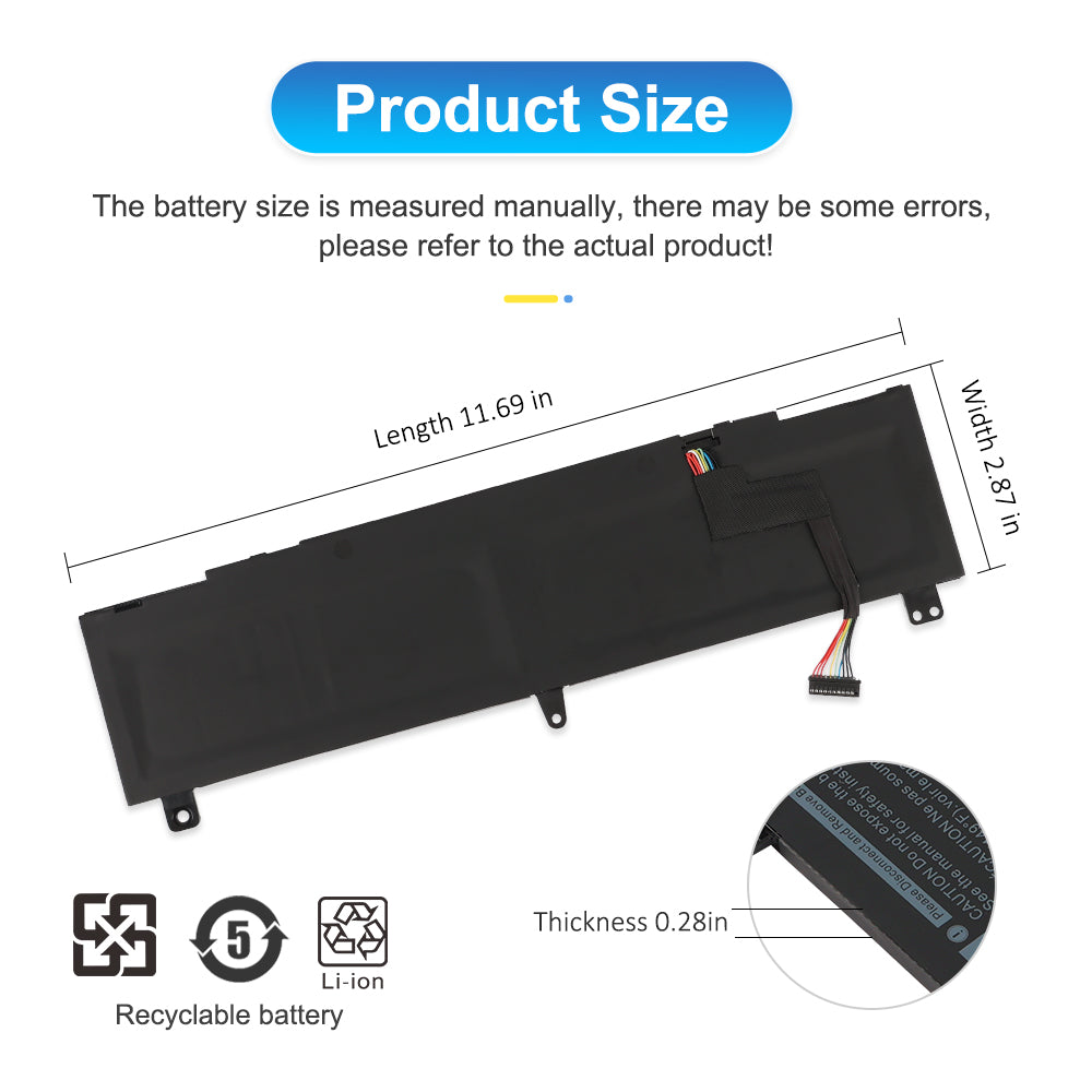 Product size diagram of ETESBAY TDW5P battery showing dimensions: 11.69 in length, 2.87 in width, and 0.28 in thickness, with recyclable Li-ion battery icons.