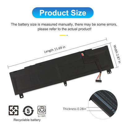 Product size diagram of ETESBAY TDW5P battery showing dimensions: 11.69 in length, 2.87 in width, and 0.28 in thickness, with recyclable Li-ion battery icons.