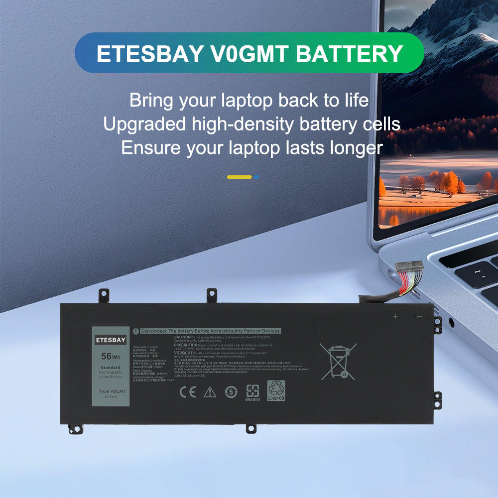 ETESBAY V0GMT 56Wh battery displayed beside Dell laptop, high-density cells for longer lasting power
