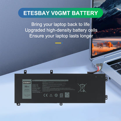 ETESBAY V0GMT 56Wh battery displayed beside Dell laptop, high-density cells for longer lasting power