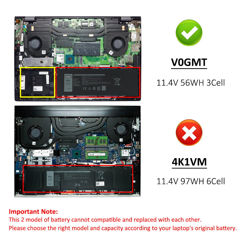 V0GMT vs 4K1VM battery comparison inside Dell laptop, different sizes not interchangeable