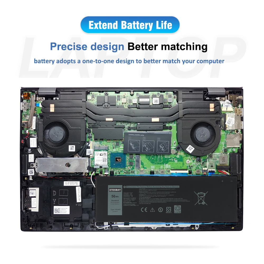 V0GMT 56Wh battery installed inside Dell laptop internal compartment showing precise fitment