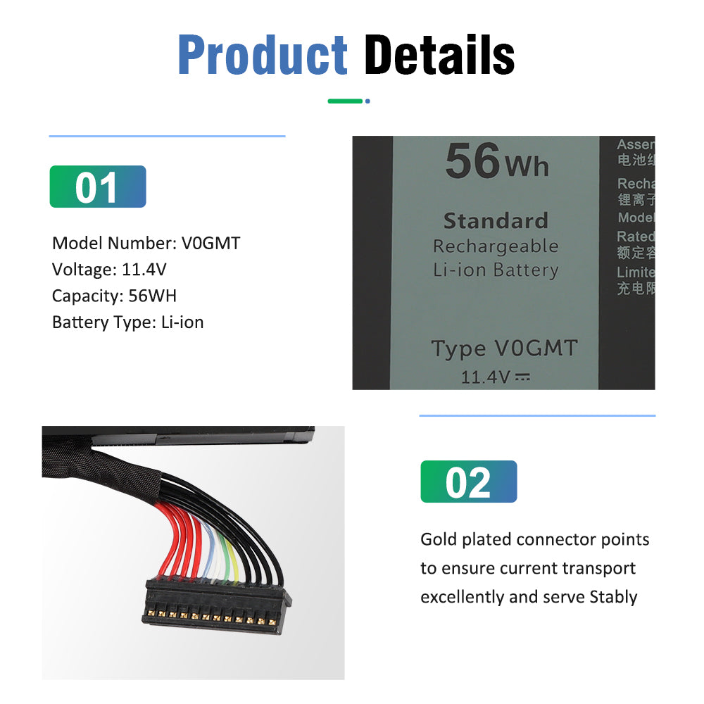 V0GMT battery details: 56Wh 11.4V label close-up and gold-plated connector pin view