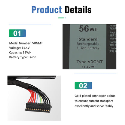 V0GMT battery details: 56Wh 11.4V label close-up and gold-plated connector pin view