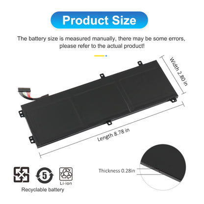 V0GMT battery dimensions: 8.78 x 2.80 x 0.28 inches, recyclable Li-ion with mounting tabs