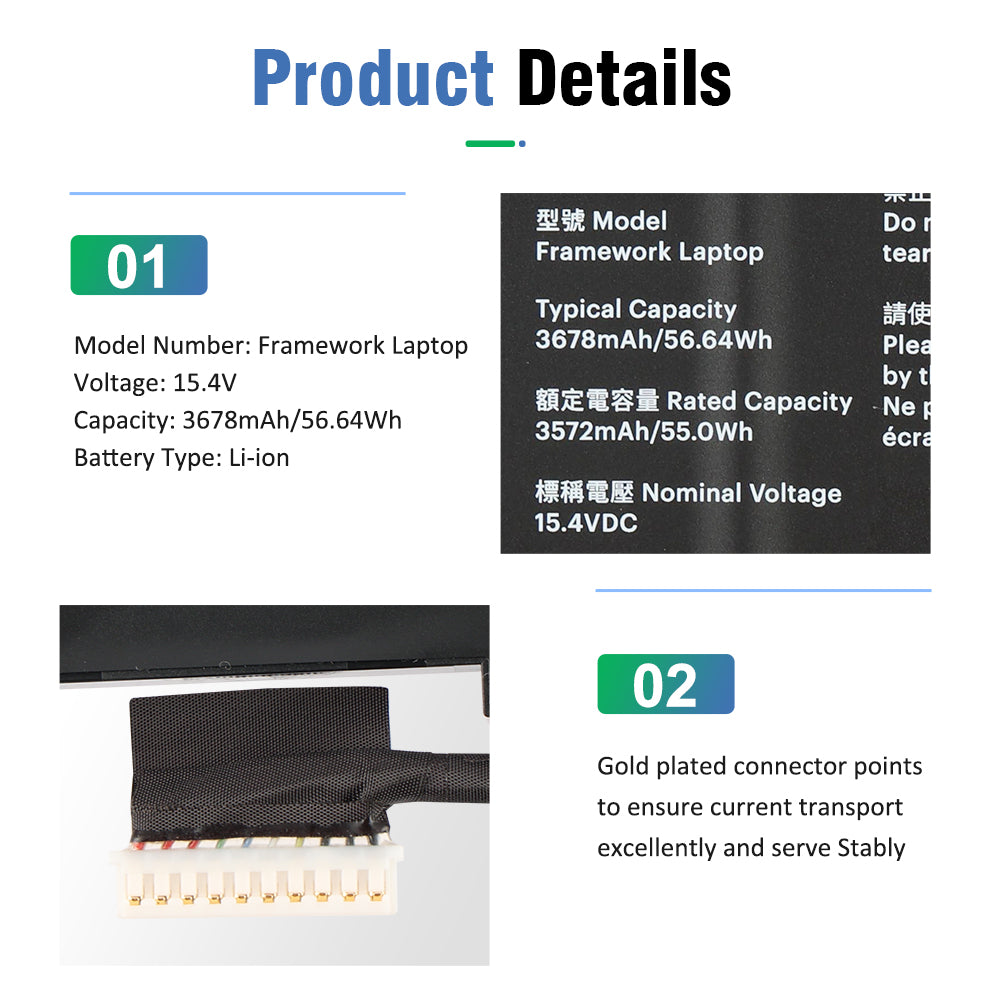 Framework laptop details: 56.64Wh capacity label close-up gold plated connector points for stable current