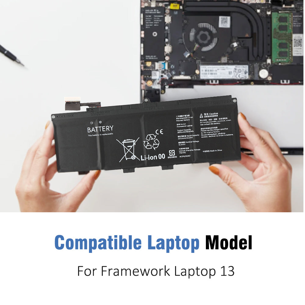 Framework 13 laptop battery held in hands with compatible device model shown, modular laptop system replacement