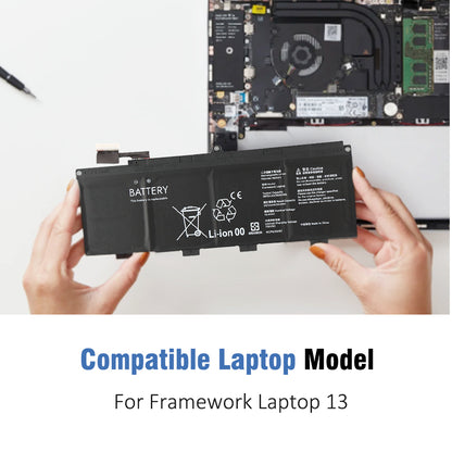 Framework 13 laptop battery held in hands with compatible device model shown, modular laptop system replacement