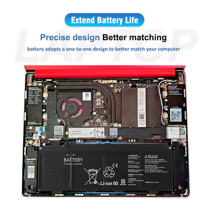 Framework 13 battery installed inside red laptop internal compartment precise one-to-one design matching