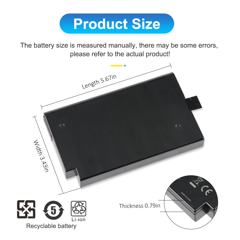 BP3S3P2900 rugged laptop battery dimensions: length 5.67 inches, width 3.43 inches, thickness 0.79 inches, recyclable Li-ion bottom view