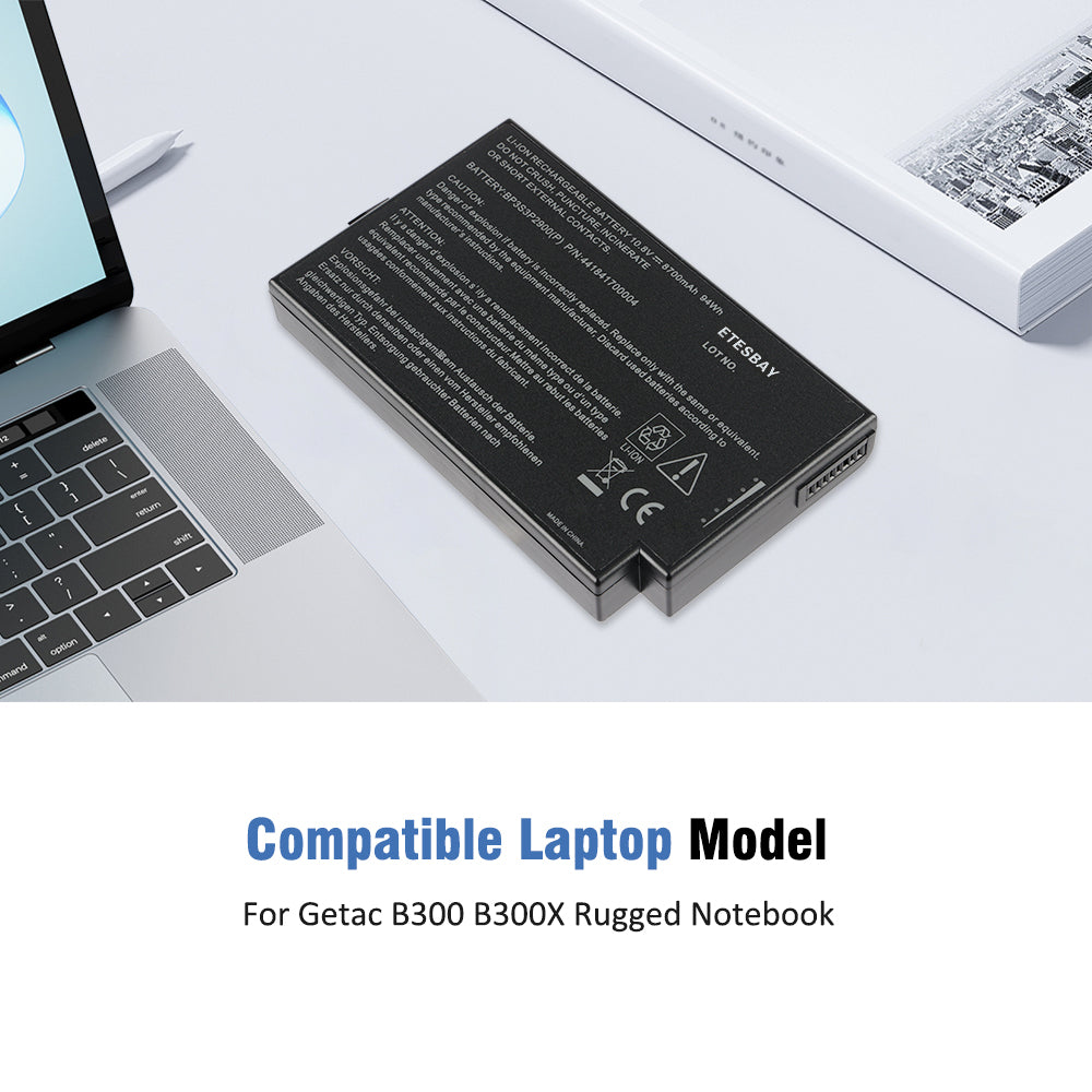 BP3S3P2900 replacement battery back view placed beside Getac B300 rugged notebook, compatible with Getac B300 and B300X series laptops