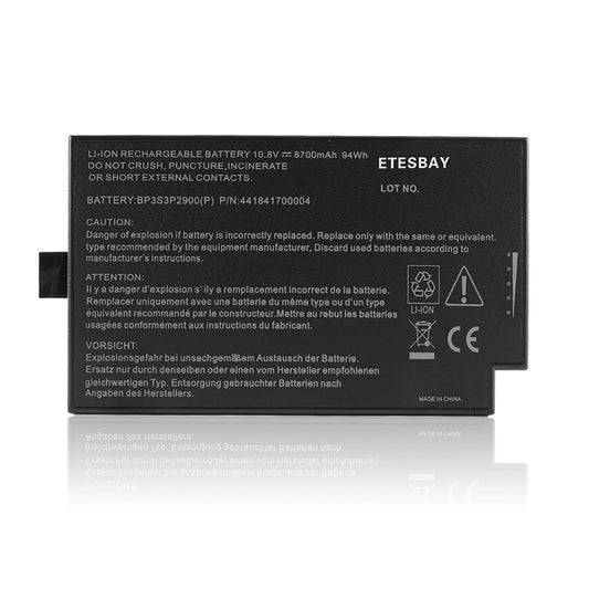 BP3S3P2900 rechargeable Li-ion battery pack white background back view, model BP3S3P2900(P) 10.8V 8700mAh 94Wh CE certified for Getac B300