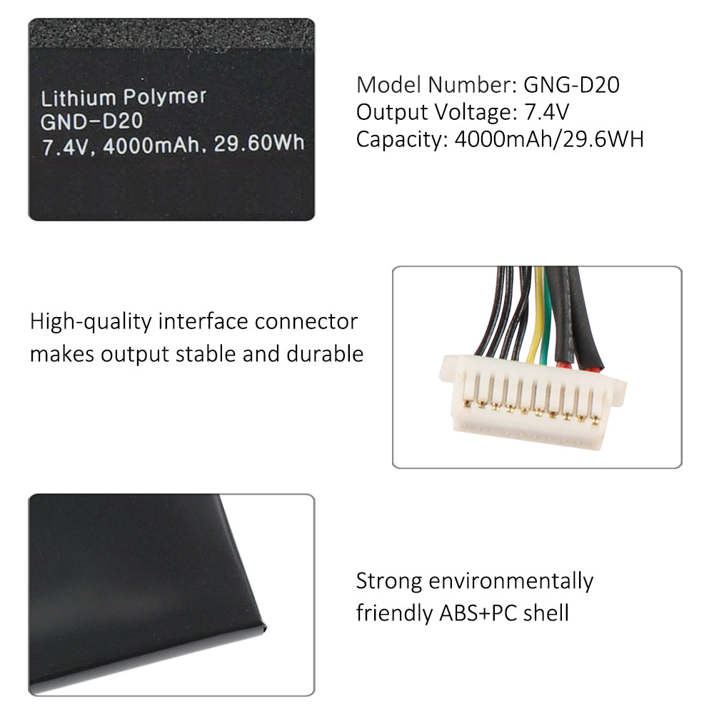 GNG-D20 details: label specs, gold-plated connector interface, durable ABS+PC shell close-up