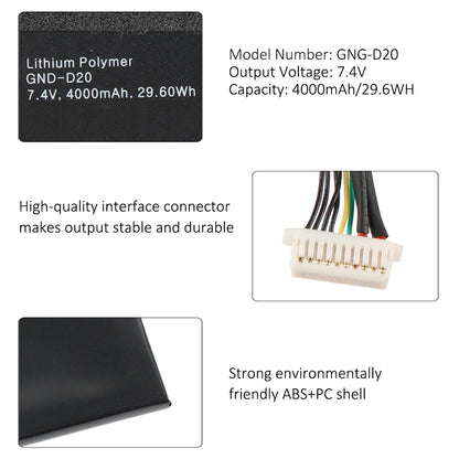 GNG-D20 details: label specs, gold-plated connector interface, durable ABS+PC shell close-up