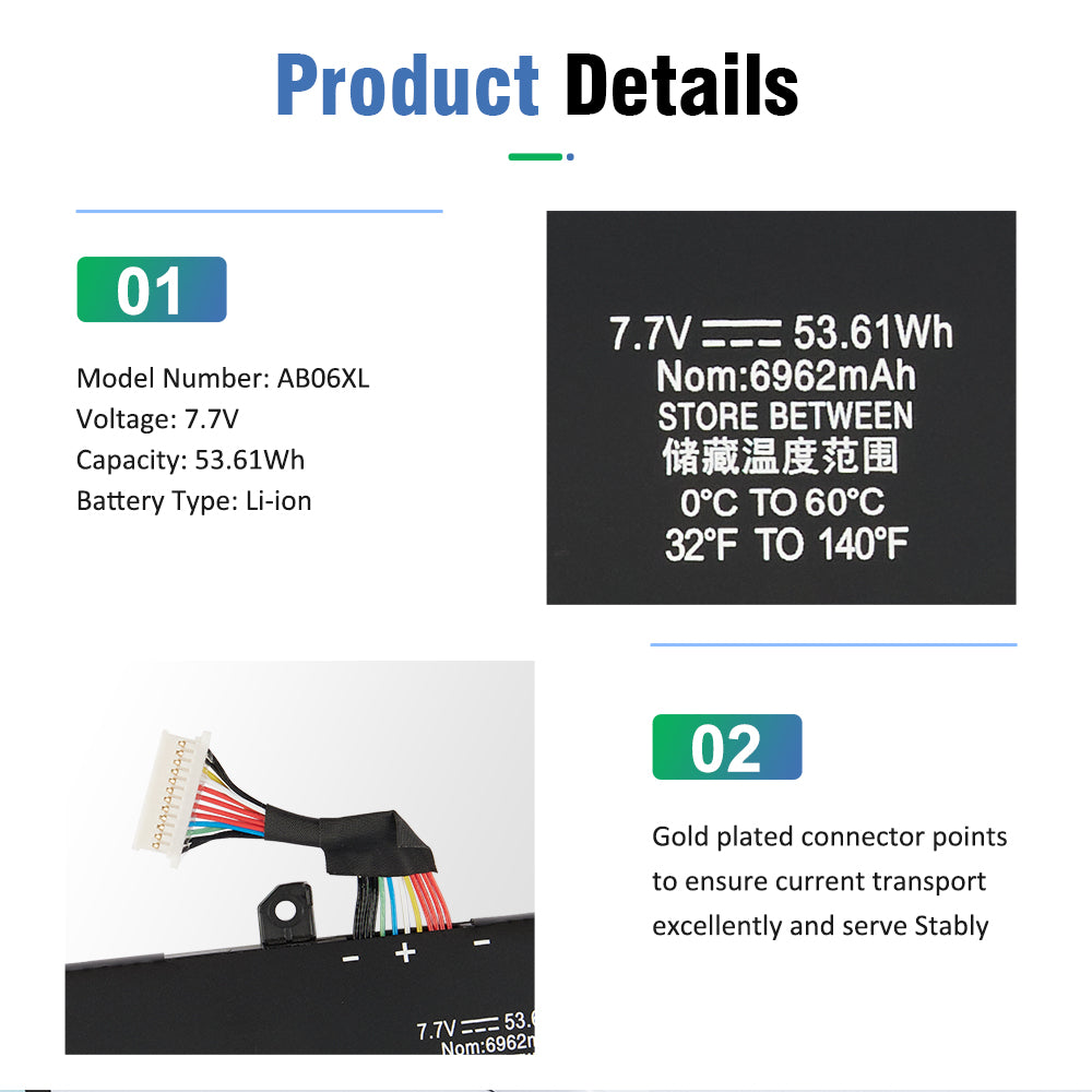 AB06XL battery product details 7.7V 53.61Wh and gold plated connector close up