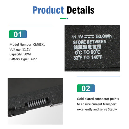 CM03XL battery specification label 11.1V 50Wh Li-ion connector close-up for HP EliteBook ZBook
