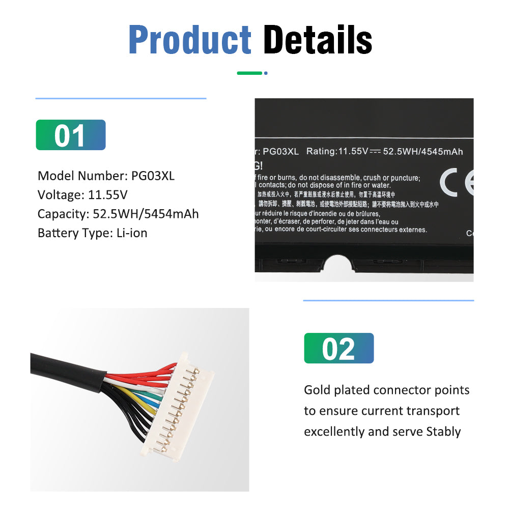 PG03XL battery product details 11.55V 52.5Wh gold plated connector close up for HP Pavilion Gaming
