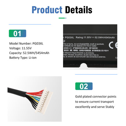PG03XL battery product details 11.55V 52.5Wh gold plated connector close up for HP Pavilion Gaming
