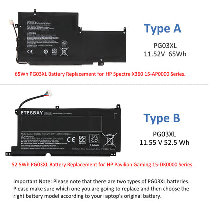 PG03XL battery type A vs type B comparison 65Wh vs 52.5Wh for HP Spectre and Pavilion Gaming series