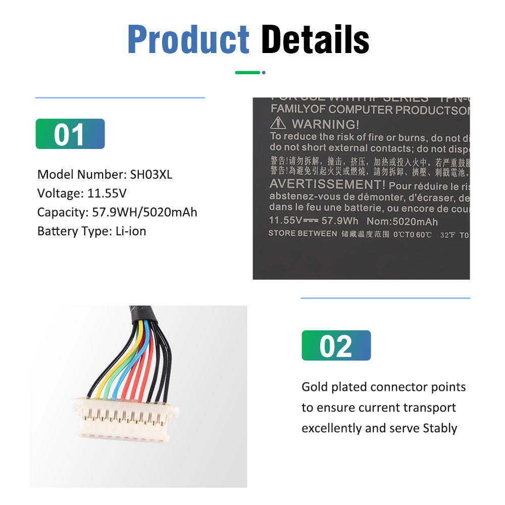 SH03XL battery product details showing model number voltage capacity and gold plated connector interface