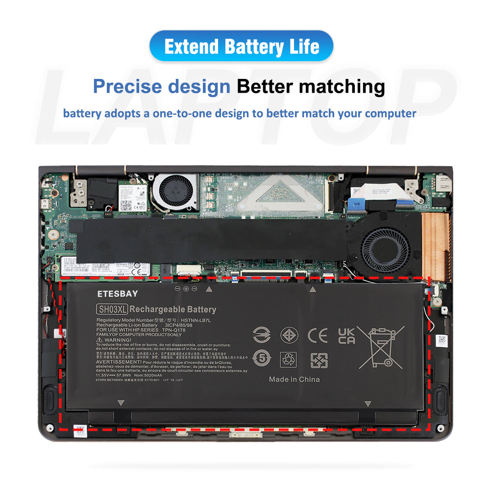 SH03XL battery installed inside HP Spectre x360 laptop chassis showing precise fit matching