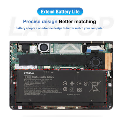 SH03XL battery installed inside HP Spectre x360 laptop chassis showing precise fit matching