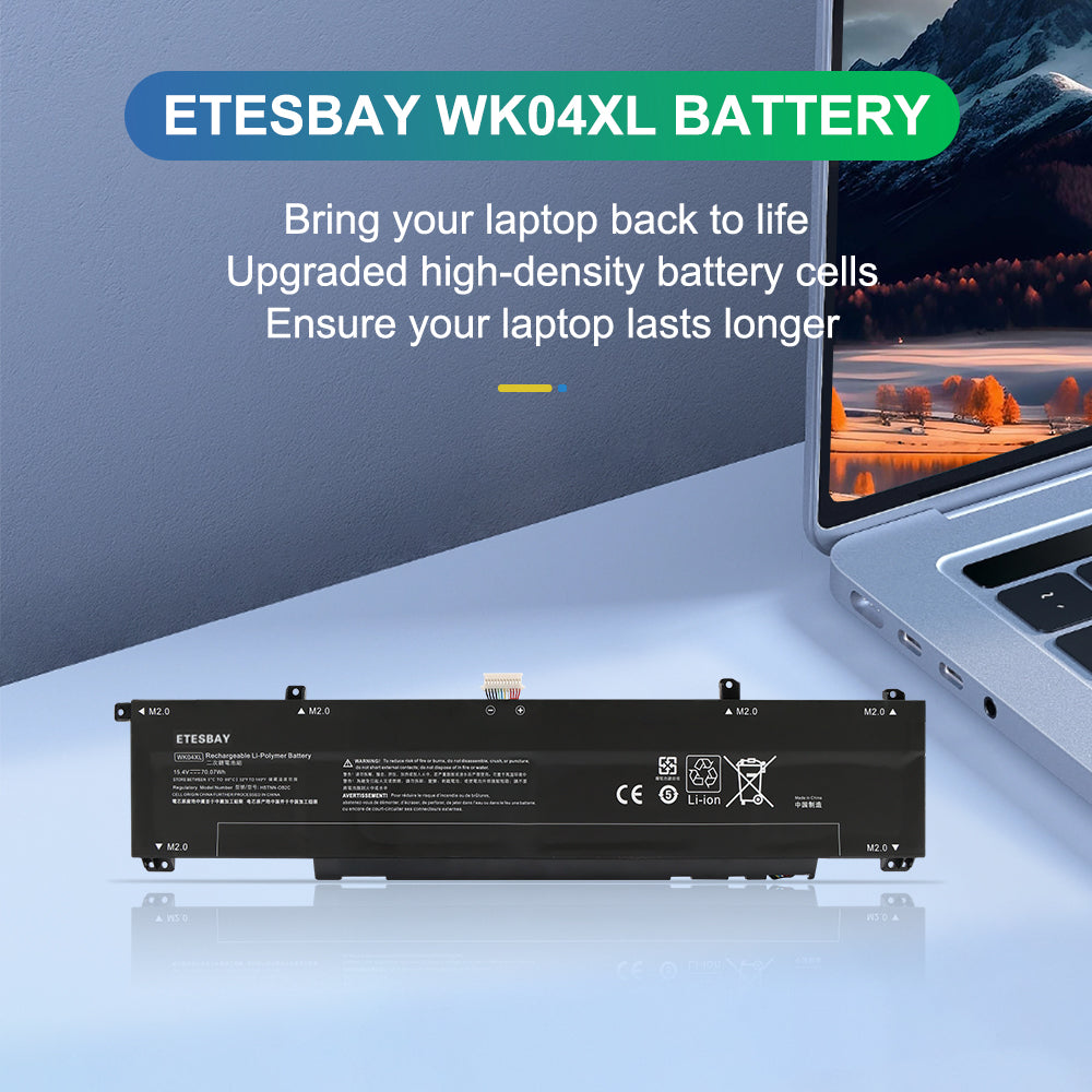 ETESBAY WK10XL battery promotional image showing laptop battery replacement for HP gaming notebooks
