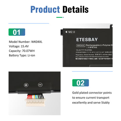 ETESBAY WK10XL battery product details showing model, voltage, capacity, and gold-plated connector pins
