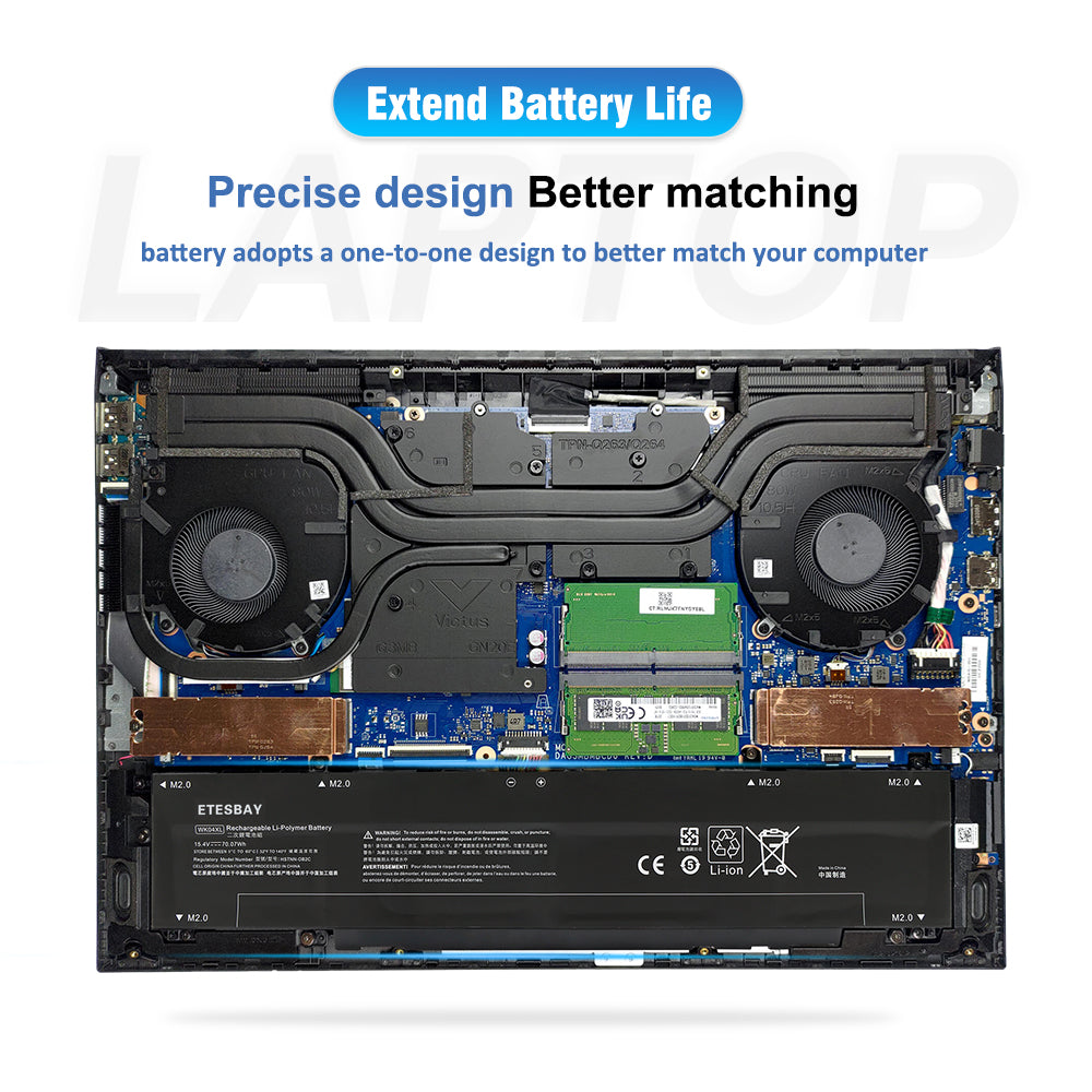 ETESBAY WK10XL battery installed inside HP Victus laptop, extending battery life with precise design