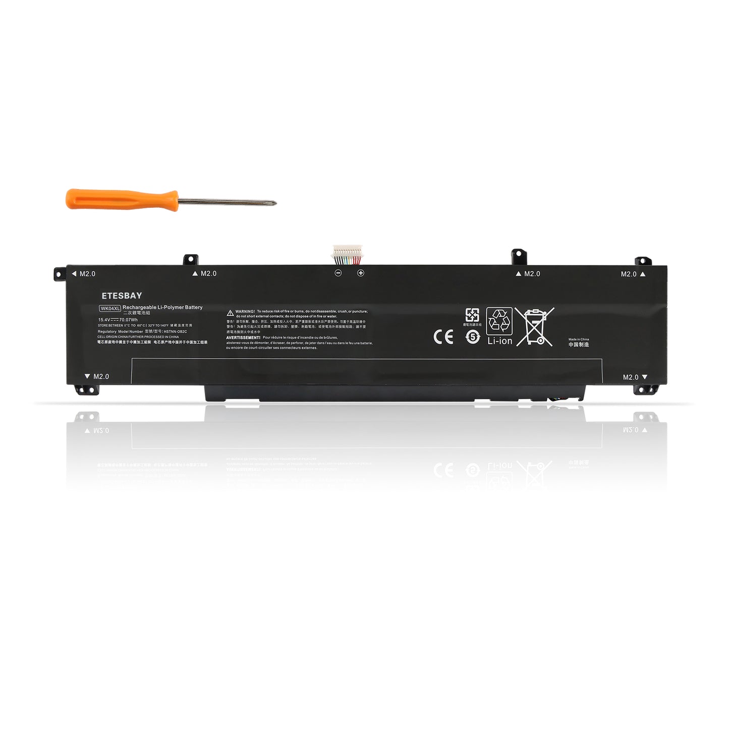 ETESBAY WK04XL 15.4V 70.13Wh Li-ion replacement battery for HP OMEN and Victus laptops, shown with screwdriver
