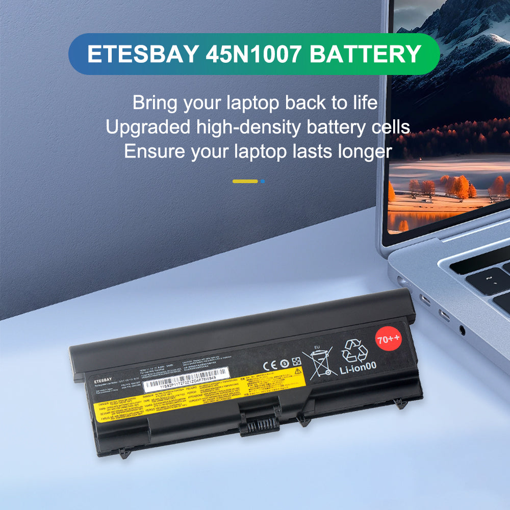 ETESBAY T430 45N1007 battery beside Lenovo laptop, upgraded high-density cells extend runtime