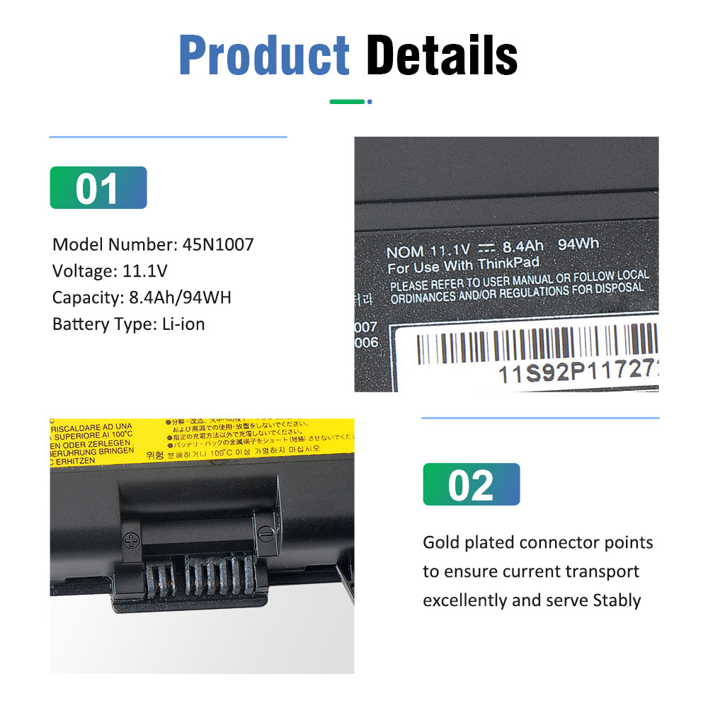 T430 45N1007 battery specs 11.1V 8400mAh 94Wh Li-ion with gold-plated connector for stable current